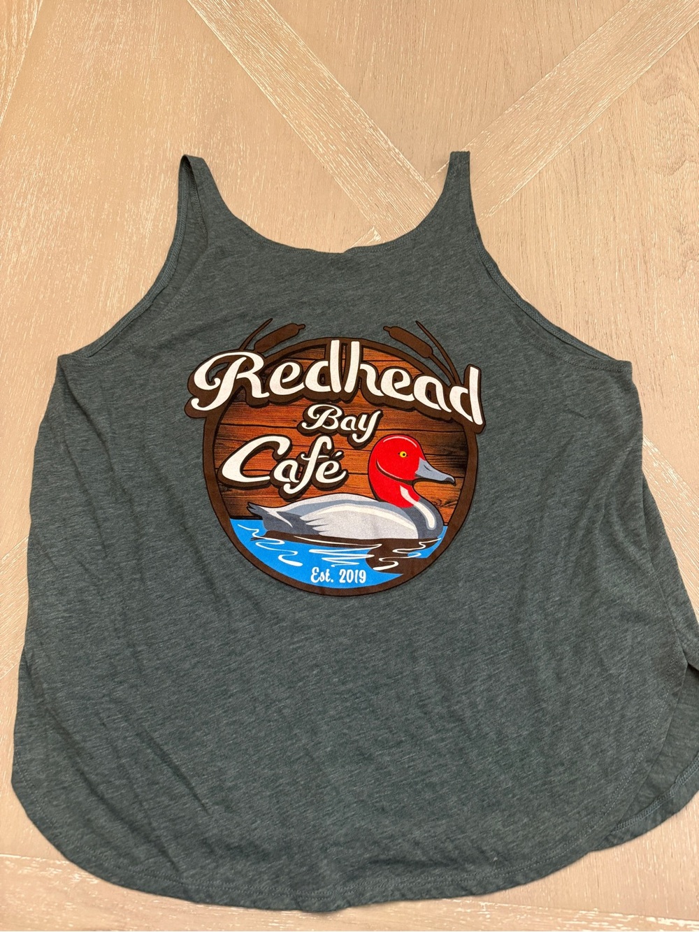 Next Level Apparel Dark Green Tank with Redhead Bay Duck Graphic